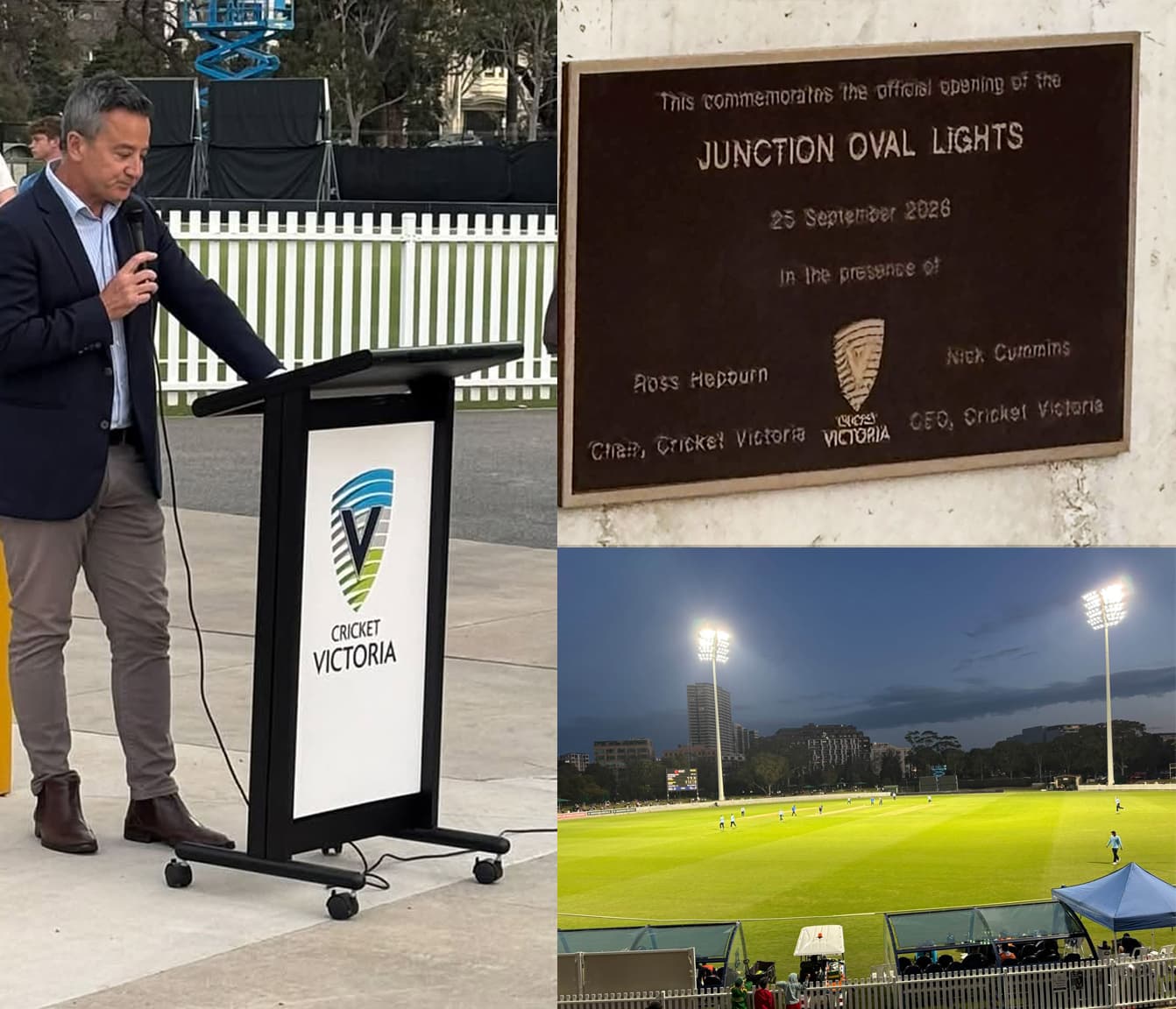 Cricket Victoria chair Shaun Richardson addresses guests at the lectern during the Junction Oval light towers ceremony.