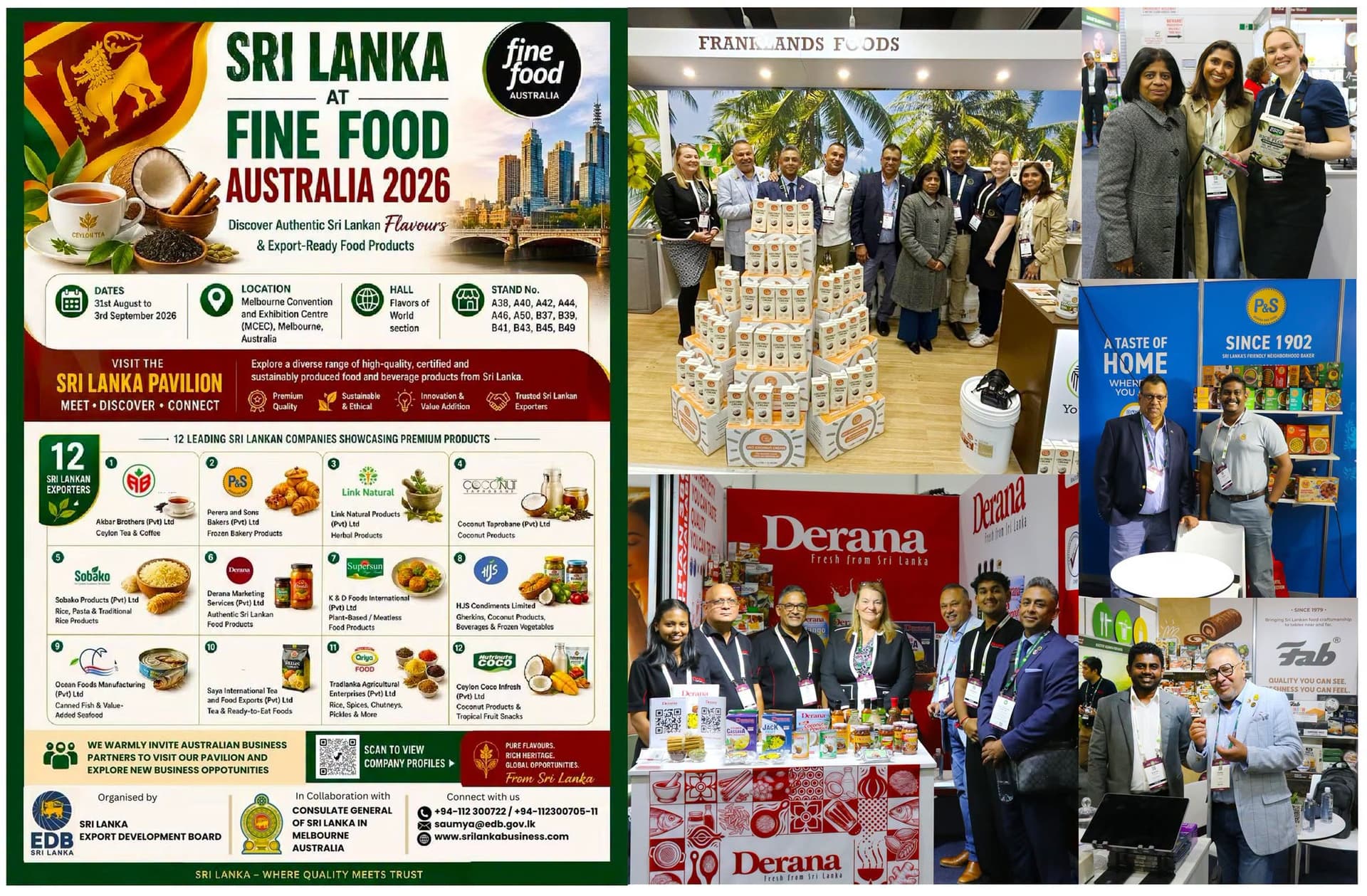 Sri Lankan exporters and community representatives gather at the Franklands Foods stand during Fine Food Australia at the Melbourne Convention and Exhibition Centre.